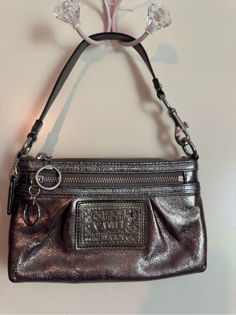 Coach Metallic Pewter Leather Poppy Wristlet